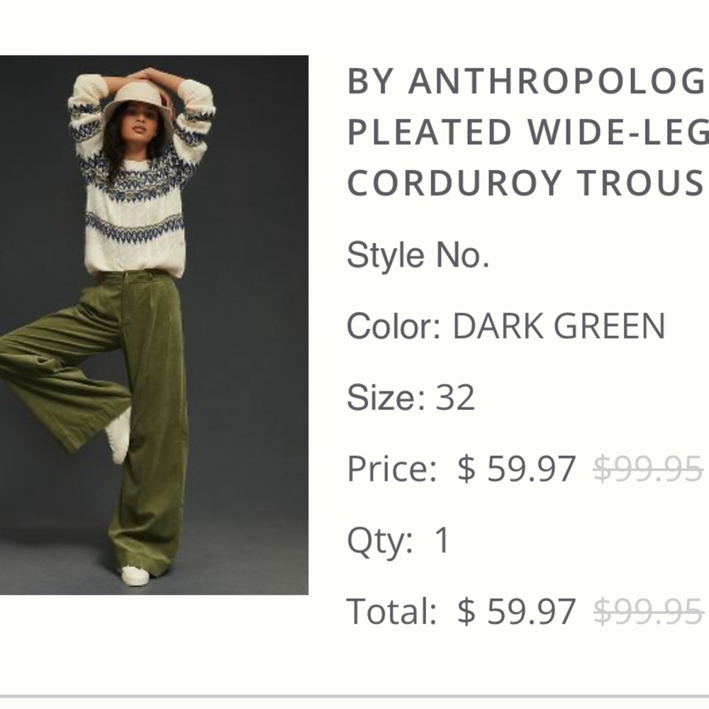 Anthropologie Dark Green Wide-Leg Corduroy Trousers